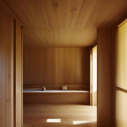 A minimalist room filled with tastefully placed wooden furniture, bathed in soft, natural light