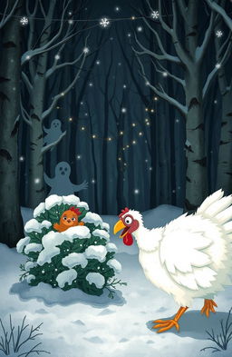 A whimsical scene depicting a white turkey searching for a small brown chicken in a snowy, haunted woods on Christmas Eve