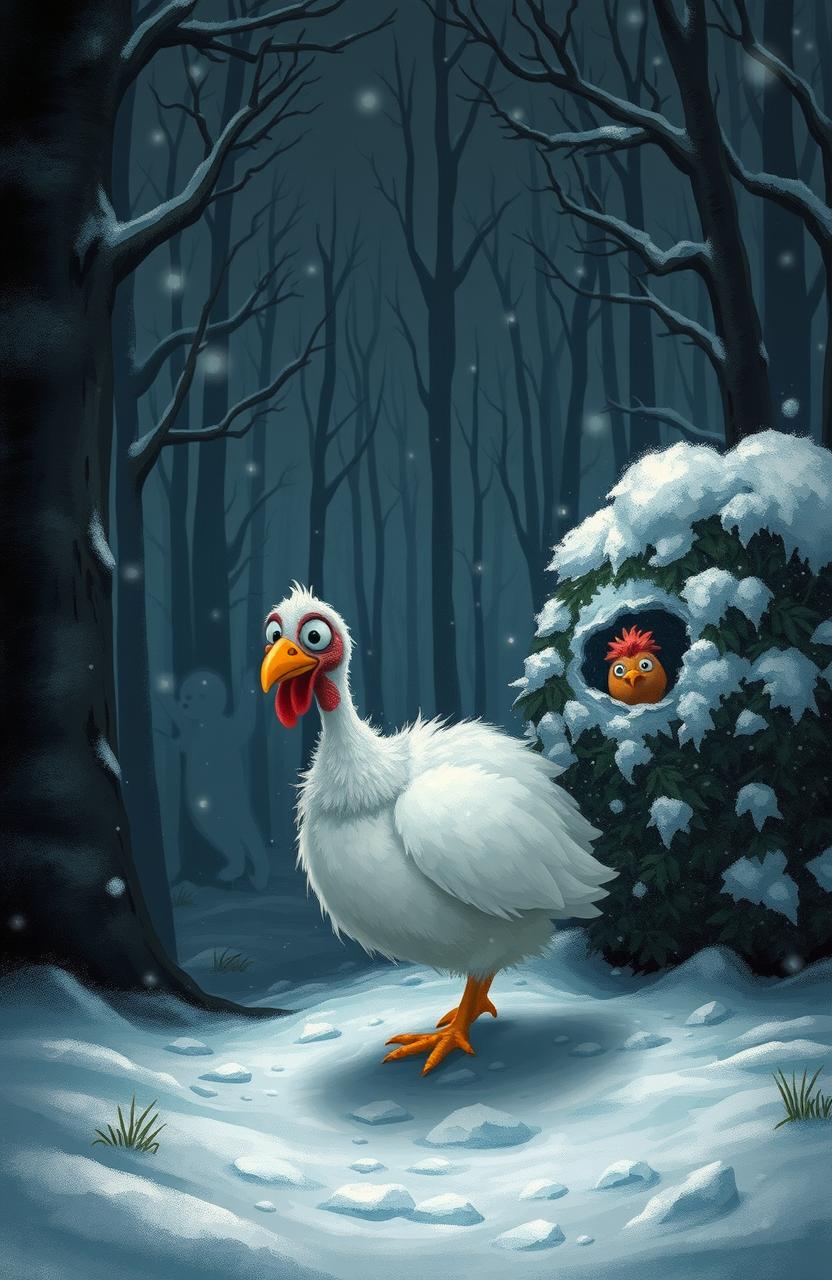 A whimsical scene depicting a white turkey searching for a small brown chicken in a snowy, haunted woods on Christmas Eve