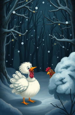 A whimsical scene depicting a white turkey searching for a small brown chicken in a snowy, haunted woods on Christmas Eve