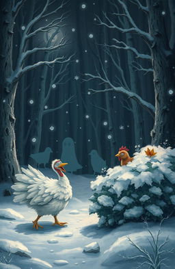 A whimsical scene depicting a white turkey searching for a small brown chicken in a snowy, haunted woods on Christmas Eve