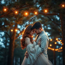 A captivating romance book cover showcasing a couple embracing under majestic pine trees
