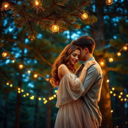 A captivating romance book cover showcasing a couple embracing under majestic pine trees