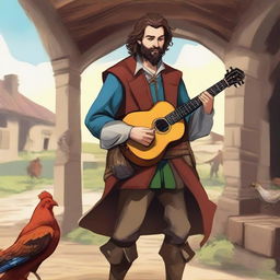 A vibrant, high-quality illustration depicts a dirty vagrant bard in a medieval village