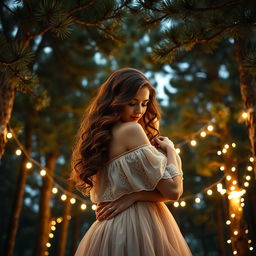 A captivating romance book cover showcasing a couple embracing under majestic pine trees