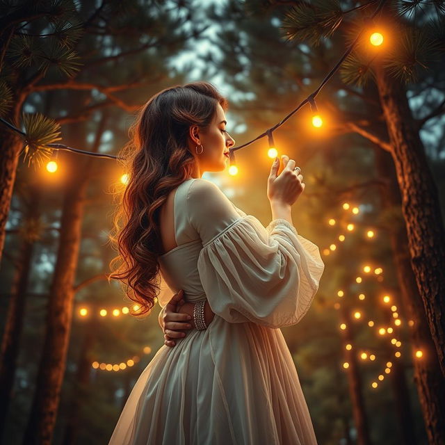 A captivating romance book cover showcasing a couple embracing under majestic pine trees