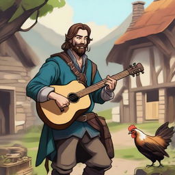 A vibrant, high-quality illustration depicts a dirty vagrant bard in a medieval village