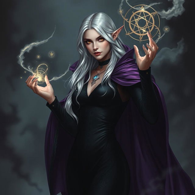 A female eladrin warlock in a horror setting, captured in a portrait style