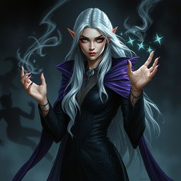A female eladrin warlock in a horror setting, captured in a portrait style
