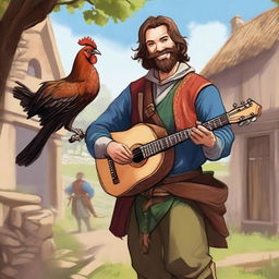 A vibrant, high-quality illustration depicts a dirty vagrant bard in a medieval village