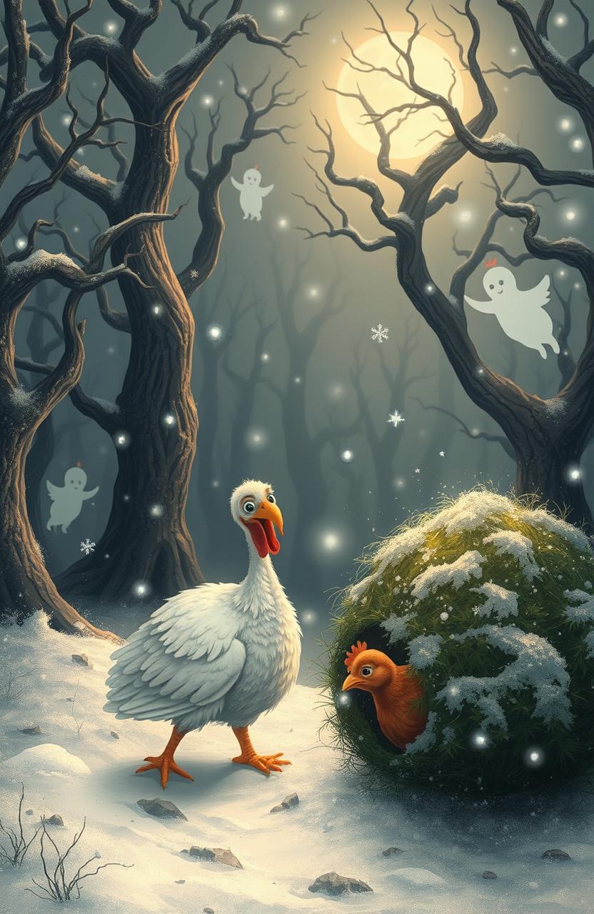 A whimsical scene depicting a white turkey searching for a small brown chicken in a haunted, enchanted forest