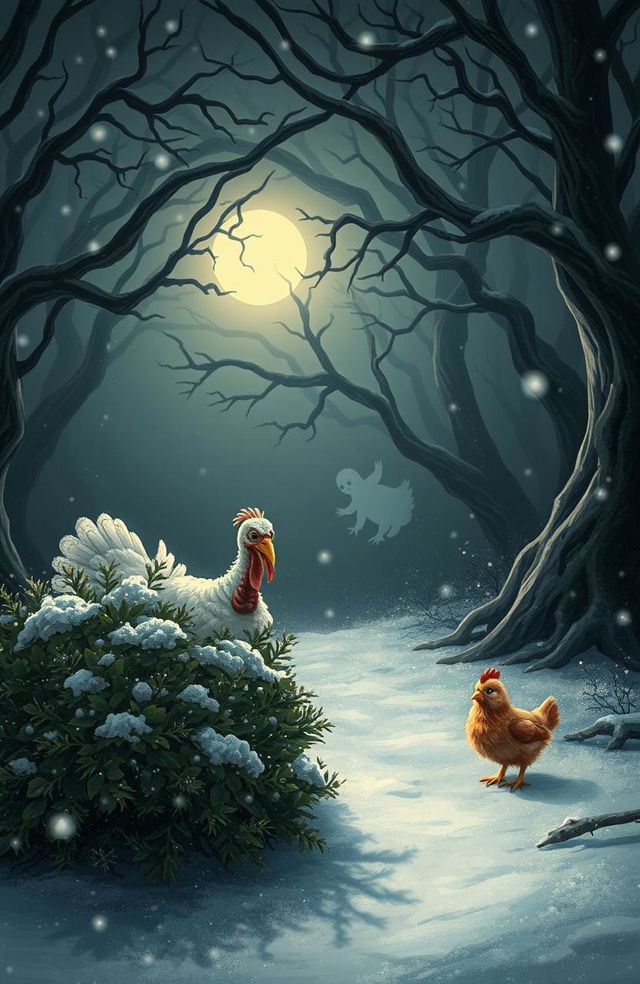 A whimsical scene depicting a white turkey searching for a small brown chicken in a haunted, enchanted forest