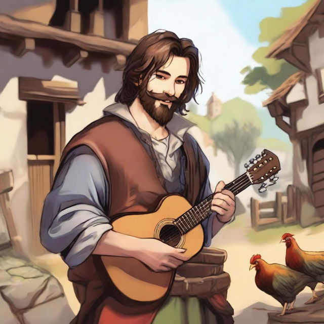 A vibrant, high-quality illustration depicts a dirty vagrant bard in a medieval village