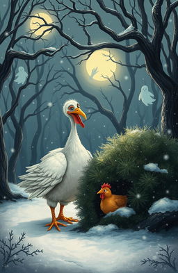 A whimsical scene depicting a white turkey searching for a small brown chicken in a haunted, enchanted forest
