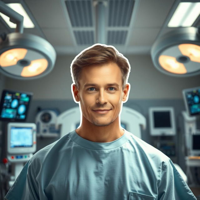 A human figure in a hospital setting, surrounded by medical equipment, bright lights, and monitors