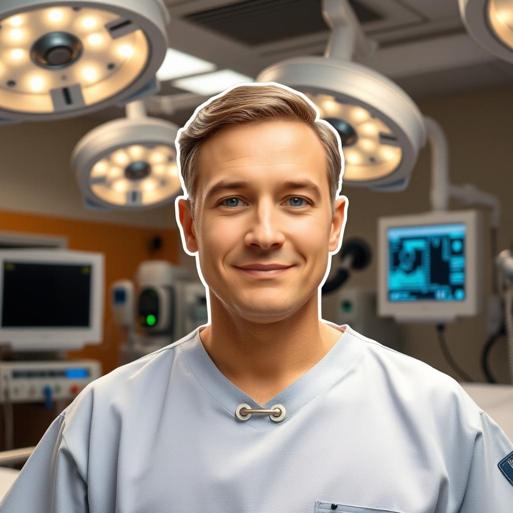 A human figure in a hospital setting, surrounded by medical equipment, bright lights, and monitors