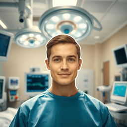 A human figure in a hospital setting, surrounded by medical equipment, bright lights, and monitors