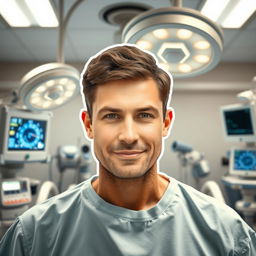 A human figure in a hospital setting, surrounded by medical equipment, bright lights, and monitors