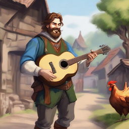 A high-quality illustration presents a dirty vagrant bard in a medieval village