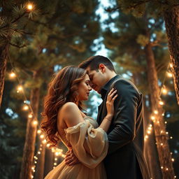 An enchanting romance book cover featuring a couple passionately embracing beneath a canopy of tall pine trees