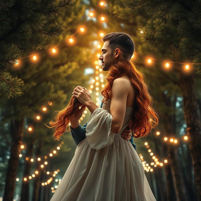 An enchanting romance book cover featuring a couple passionately embracing beneath a canopy of tall pine trees