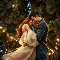 An enchanting romance book cover featuring a couple passionately embracing beneath a canopy of tall pine trees