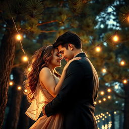 An enchanting romance book cover featuring a couple passionately embracing beneath a canopy of tall pine trees