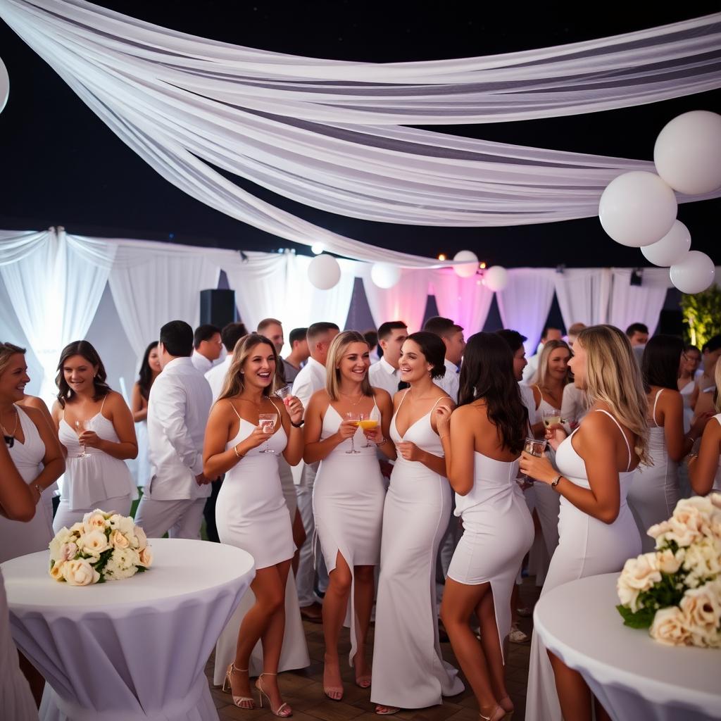 A vibrant and lively white party scene at night, with guests dressed in elegant white outfits, enjoying cocktails and laughter