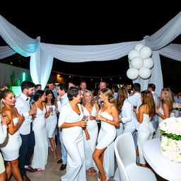 A vibrant and lively white party scene at night, with guests dressed in elegant white outfits, enjoying cocktails and laughter