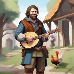 A high-quality illustration presents a dirty vagrant bard in a medieval village