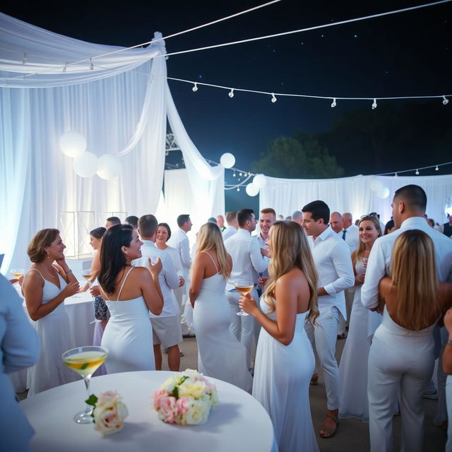 A vibrant and lively white party scene at night, with guests dressed in elegant white outfits, enjoying cocktails and laughter