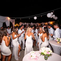 A vibrant and lively white party scene at night, with guests dressed in elegant white outfits, enjoying cocktails and laughter