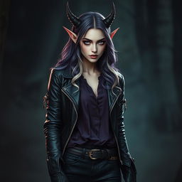 A female eladrin warlock captured in a horror setting, depicted in a striking portrait
