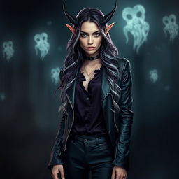 A female eladrin warlock captured in a horror setting, depicted in a striking portrait