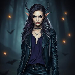A female eladrin warlock captured in a horror setting, depicted in a striking portrait