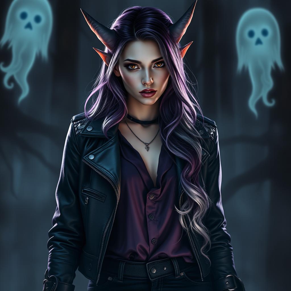 A female eladrin warlock captured in a horror setting, depicted in a striking portrait