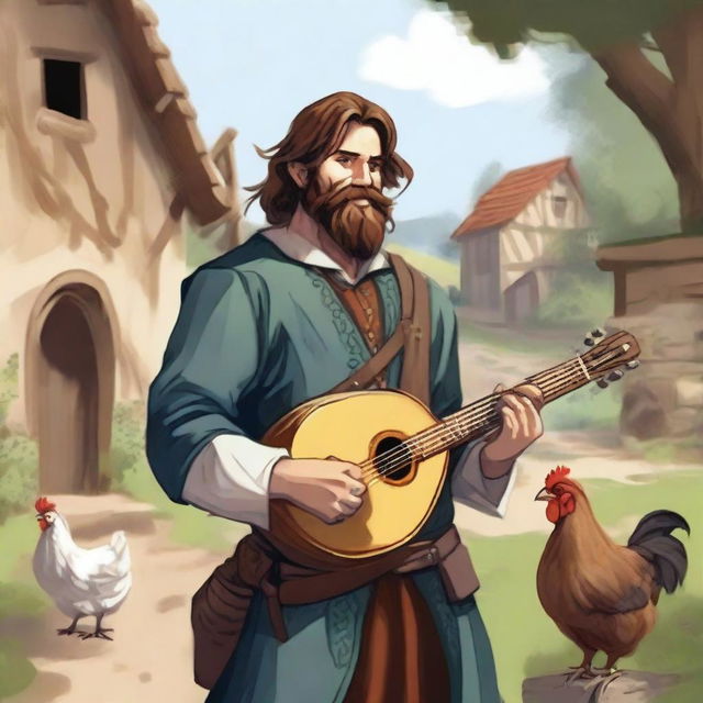 A high-quality illustration presents a dirty vagrant bard in a medieval village