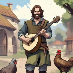 A high-quality illustration presents a dirty vagrant bard in a medieval village