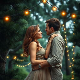 A stunning romance book cover featuring a couple tenderly embracing beneath towering pine trees, creating an intimate and romantic setting