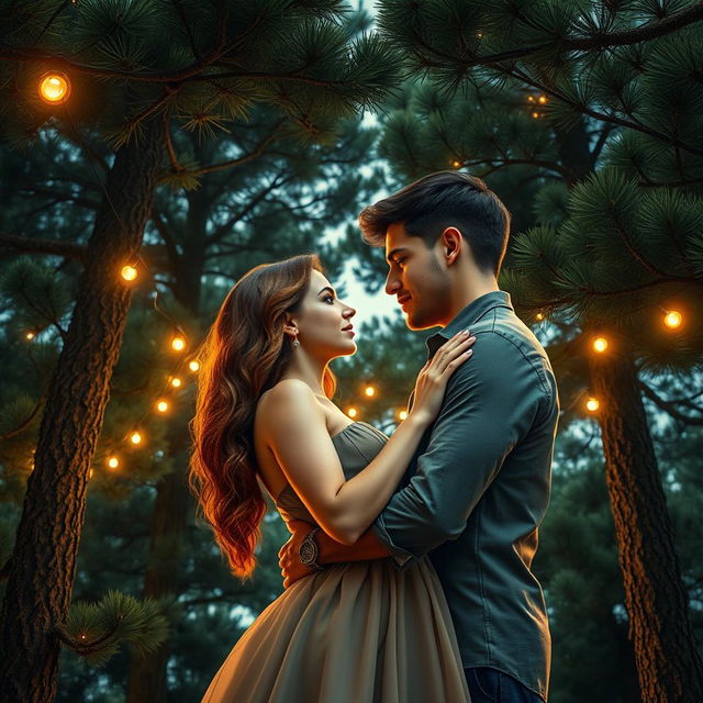 A stunning romance book cover featuring a couple tenderly embracing beneath towering pine trees, creating an intimate and romantic setting