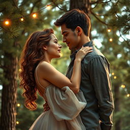 A stunning romance book cover featuring a couple tenderly embracing beneath towering pine trees, creating an intimate and romantic setting