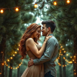 A stunning romance book cover featuring a couple tenderly embracing beneath towering pine trees, creating an intimate and romantic setting
