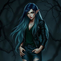 A female eladrin portrayed in a horror setting, exuding an ethereal and mystical aura