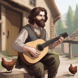 A high-quality illustration portrays a dirty vagrant bard in a medieval village