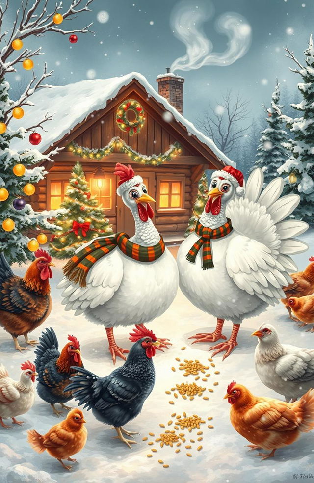 A whimsical scene depicting two white turkeys and a variety of chickens celebrating a snowy Christmas