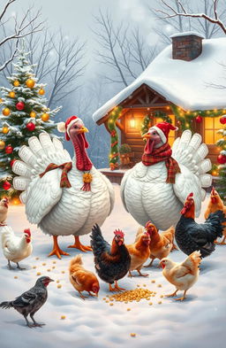 A whimsical scene depicting two white turkeys and a variety of chickens celebrating a snowy Christmas