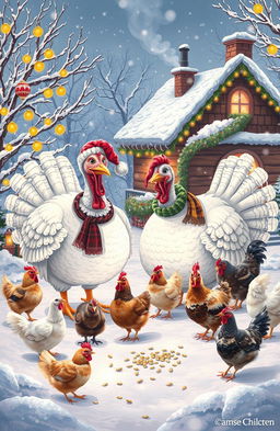 A whimsical scene depicting two white turkeys and a variety of chickens celebrating a snowy Christmas