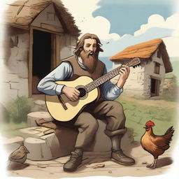 A high-quality illustration portrays a dirty vagrant bard in a medieval village