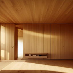 A minimalist room filled with tastefully placed wooden furniture, bathed in soft, natural light