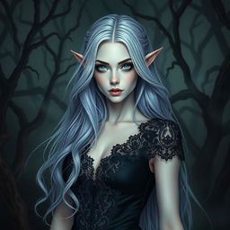 A female eladrin set in a horror-themed portrait, showcasing her enchanting features and ethereal beauty